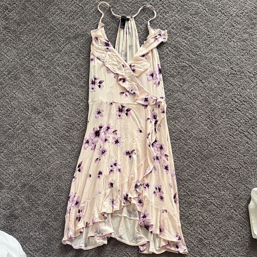 Floral Ruffle Wrap Midi Dress - Light Pink with Purple Print